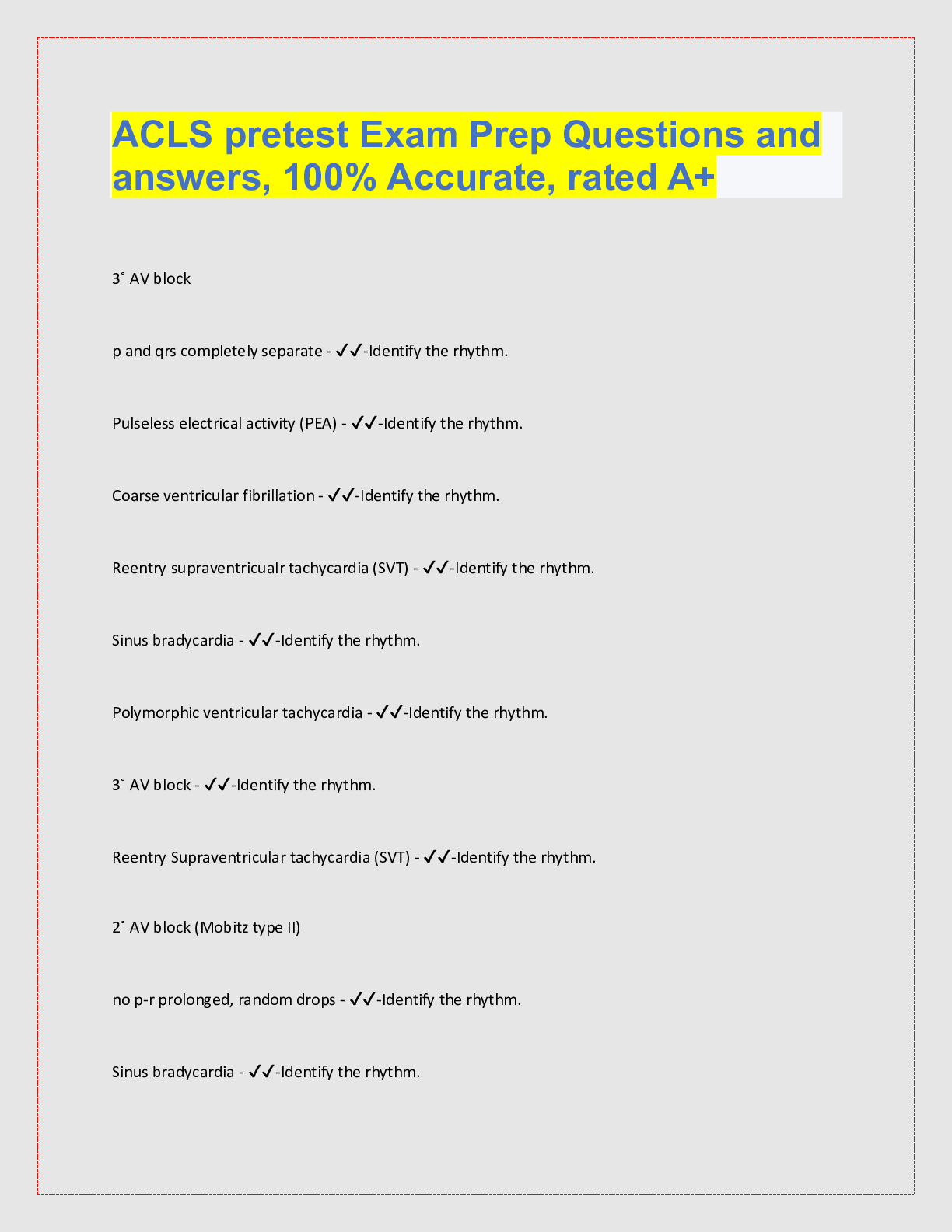 Preview image for ACLS pretest Exam Prep Questions and  answers, 100% Accurate, rated A+ 3˚ AV block